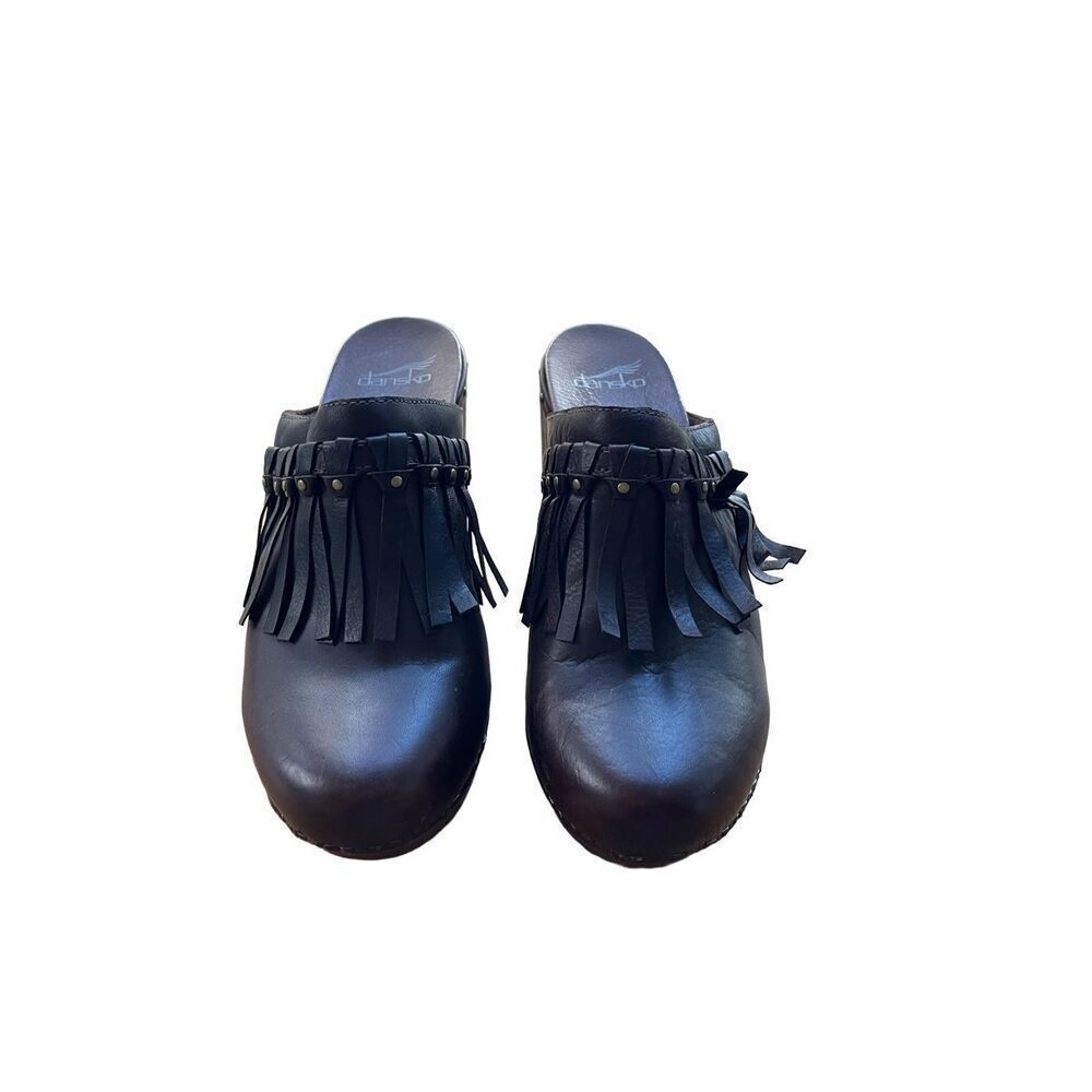 Dansko Womens Black Slip On Leather Fringe Studded Clogs Casual Shoes Size 39